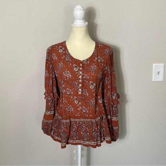 American Eagle Floral Boho Peasant Hi Lo Flowy Blouse Women's Size Small - Picture 15 of 16